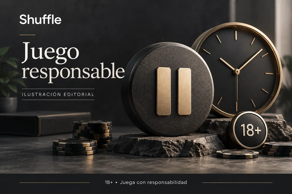 Juego responsable en Shuffle: límites de depósito, pausas y autoexclusión. Ilustración editorial.