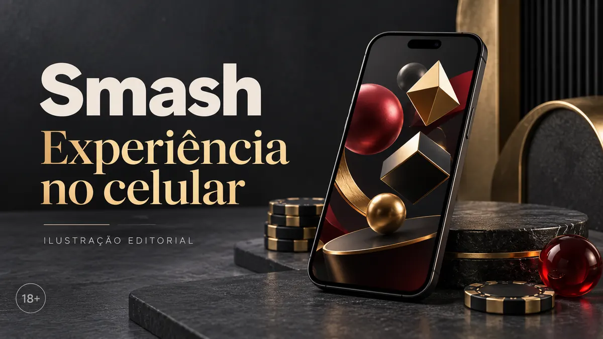 Smash no celular: funciona pelo navegador, o app é opcional. Ilustração editorial.