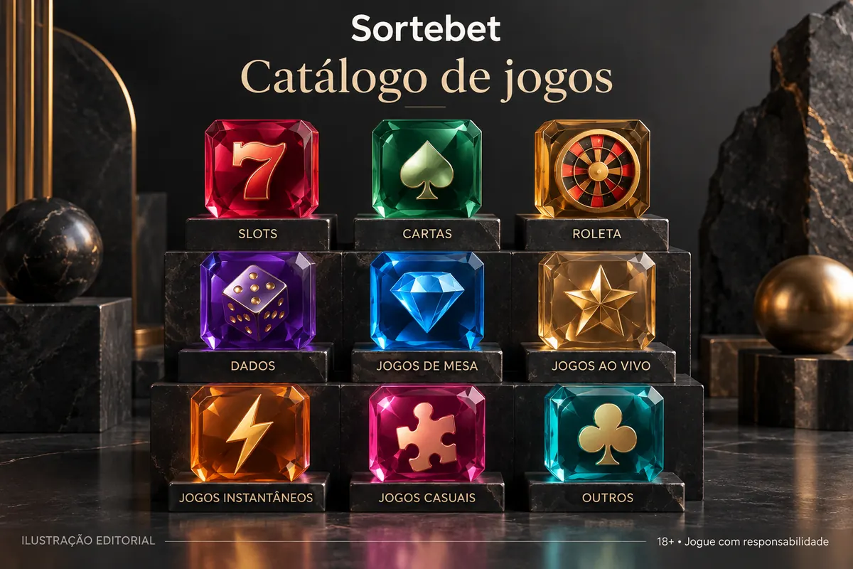 Catálogo de jogos de SorteBet: slots, mesas e cassino ao vivo. Ilustração editorial.