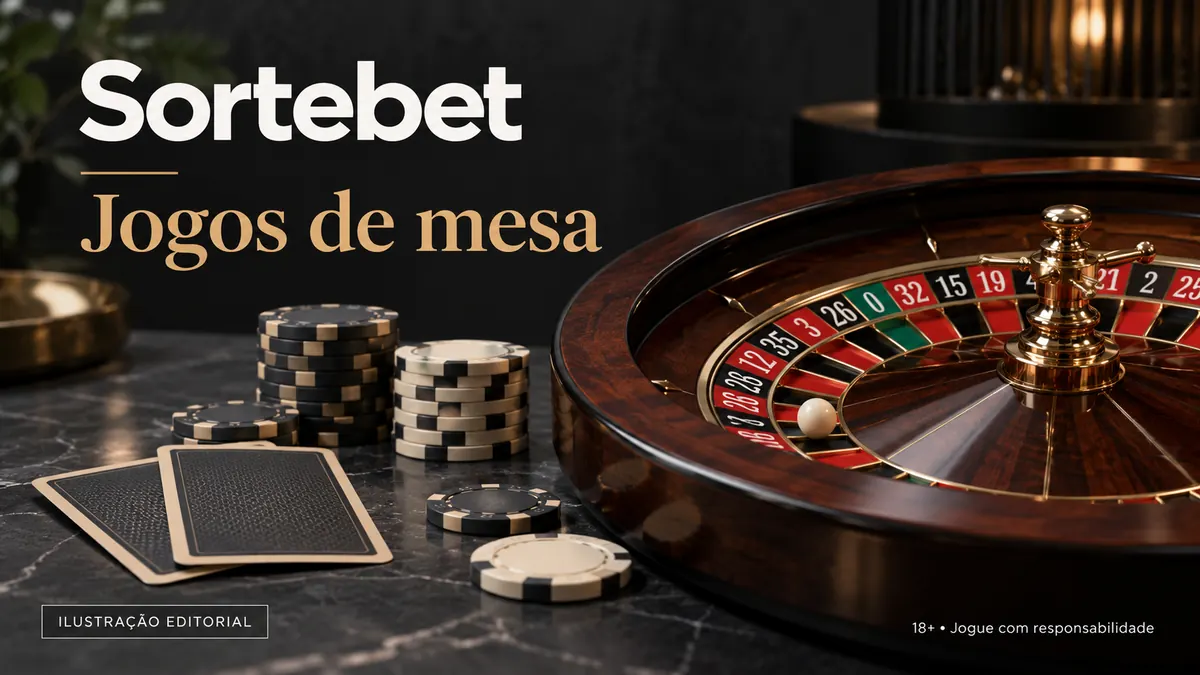 Jogos de mesa em SorteBet: roleta, blackjack e bacará. Ilustração editorial.