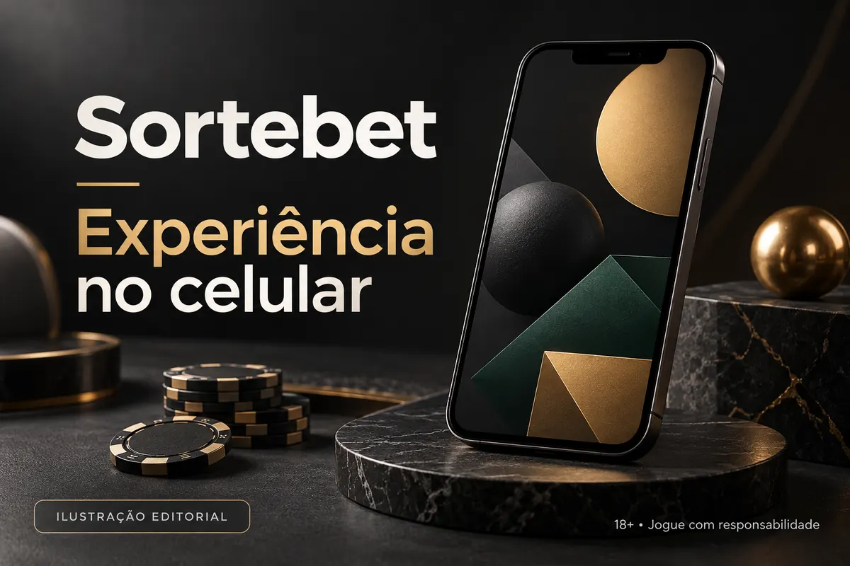 SorteBet no celular: funciona pelo navegador, o app é opcional. Ilustração editorial.