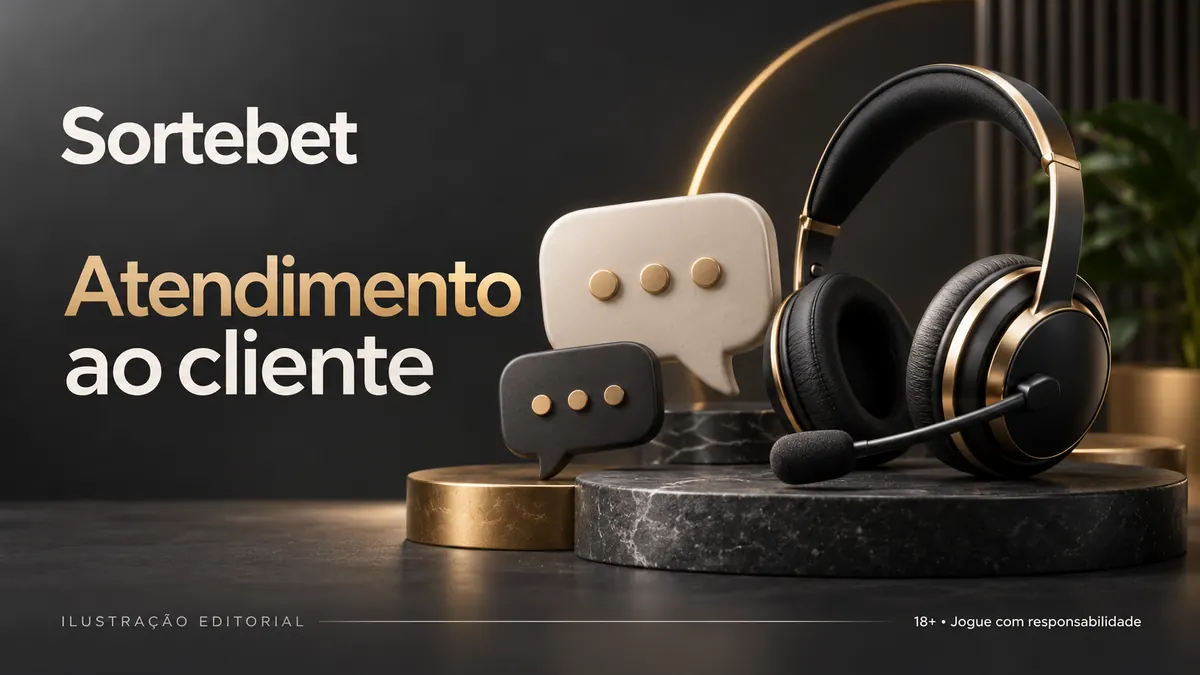 Atendimento ao cliente de SorteBet: chat e e-mail; confira horários e idioma. Ilustração editorial.