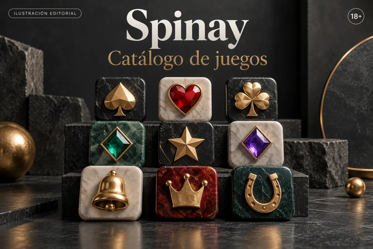 Catálogo de juegos de Spinay: tragamonedas, mesas y casino en vivo. Ilustración editorial.