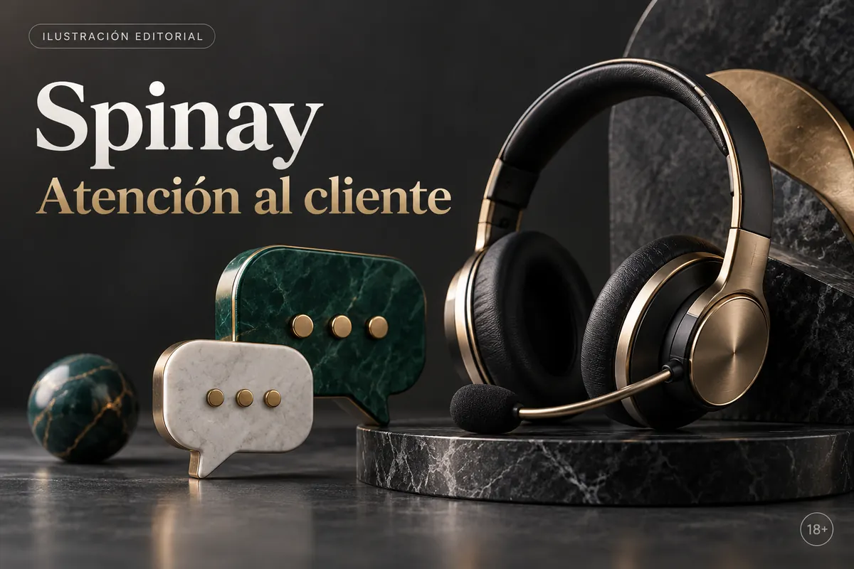 Atención al cliente de Spinay: chat y correo; comprueba horarios e idioma. Ilustración editorial.