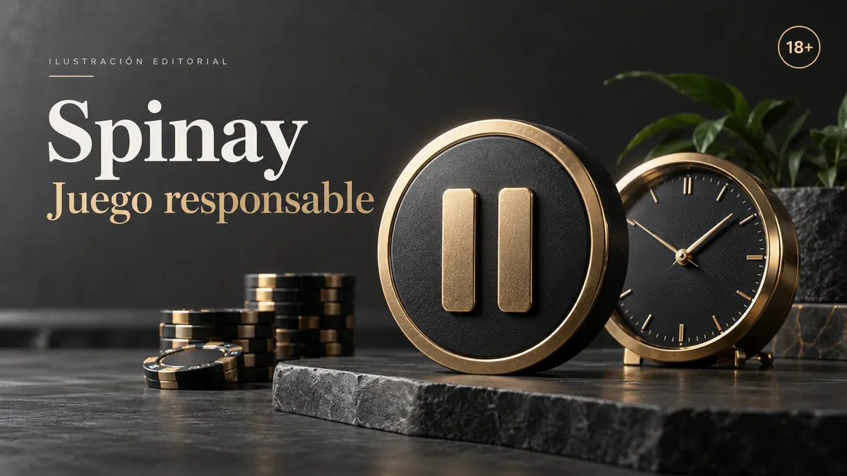 Juego responsable en Spinay: límites de depósito, pausas y autoexclusión. Ilustración editorial.