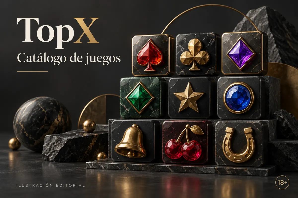 Catálogo de juegos de TopX: tragamonedas, mesas y casino en vivo. Ilustración editorial.