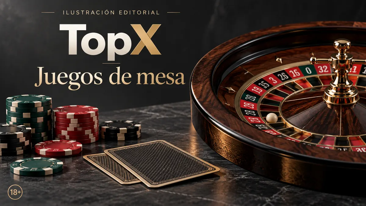 Juegos de mesa en TopX: ruleta, blackjack y bacará. Ilustración editorial.