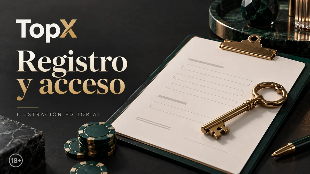 Registro y acceso en TopX: datos reales y verificación de la cuenta. Ilustración editorial.