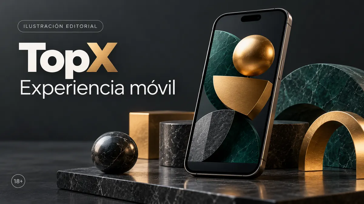 TopX en el celular: funciona desde el navegador, la app es opcional. Ilustración editorial.