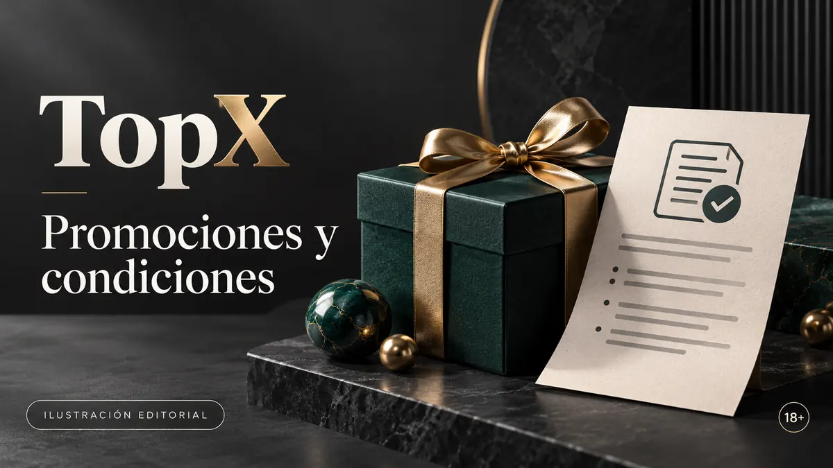 Promociones y condiciones en TopX: revisa el rollover y la apuesta máxima. Ilustración editorial.