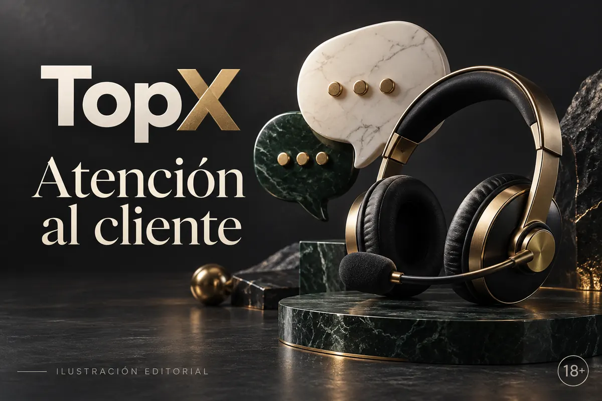 Atención al cliente de TopX: chat y correo; comprueba horarios e idioma. Ilustración editorial.