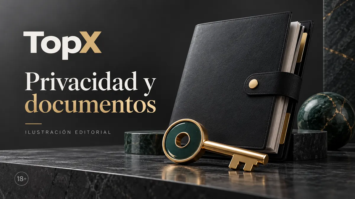Privacidad y documentos en TopX: verificación de identidad antes del primer retiro. Ilustración editorial.