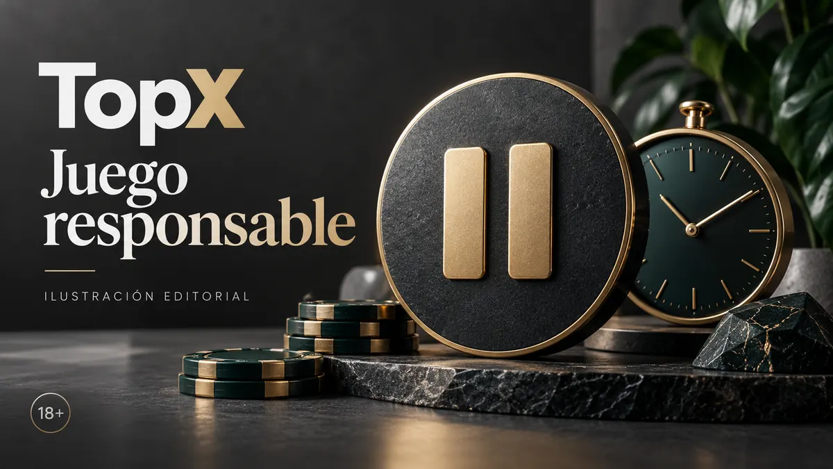 Juego responsable en TopX: límites de depósito, pausas y autoexclusión. Ilustración editorial.