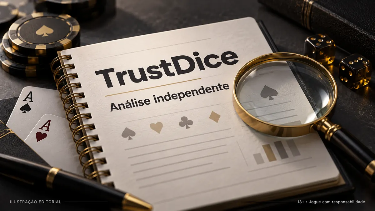 Análise independente de TrustDice: o que verificamos antes de recomendar. Ilustração editorial.