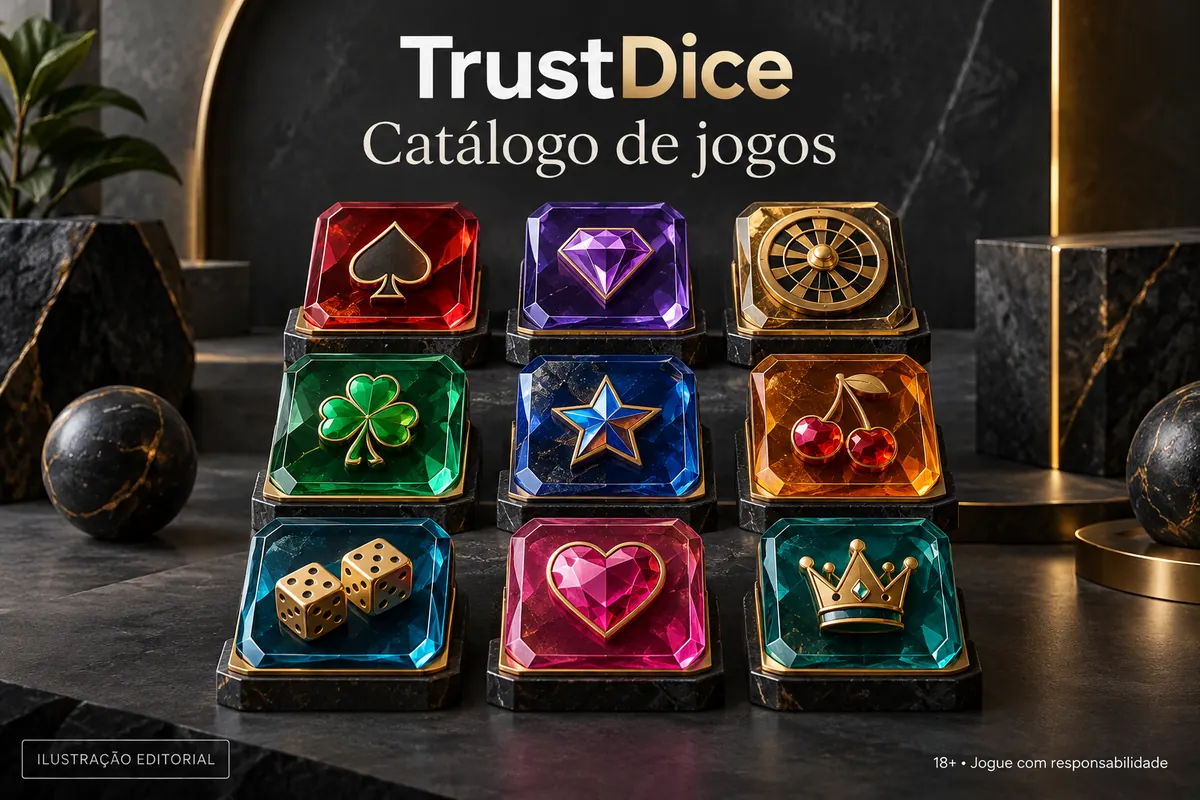 Catálogo de jogos de TrustDice: slots, mesas e cassino ao vivo. Ilustração editorial.