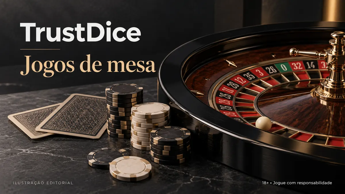 Jogos de mesa em TrustDice: roleta, blackjack e bacará. Ilustração editorial.