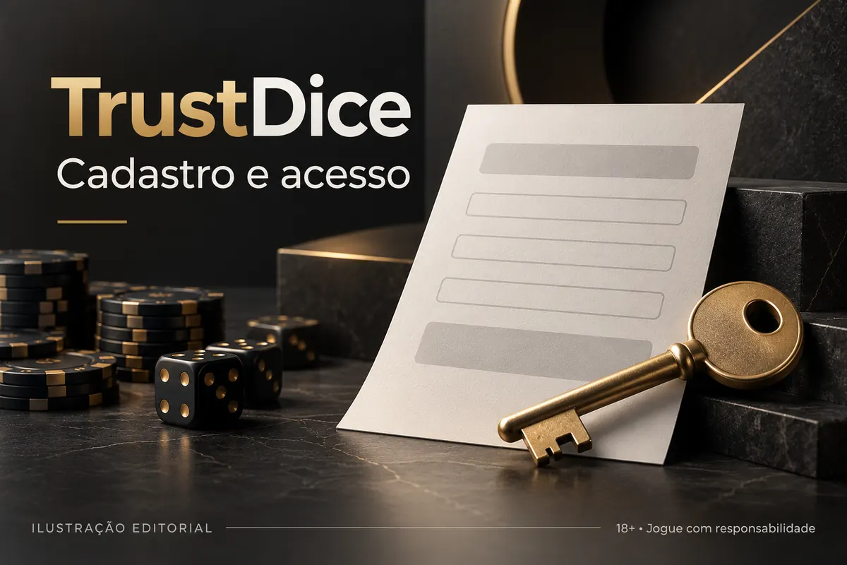 Cadastro e acesso em TrustDice: dados reais e verificação da conta. Ilustração editorial.
