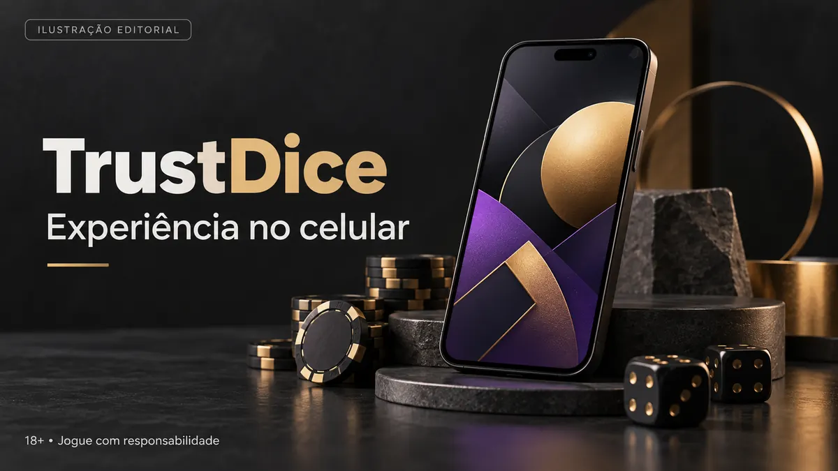 TrustDice no celular: funciona pelo navegador, o app é opcional. Ilustração editorial.