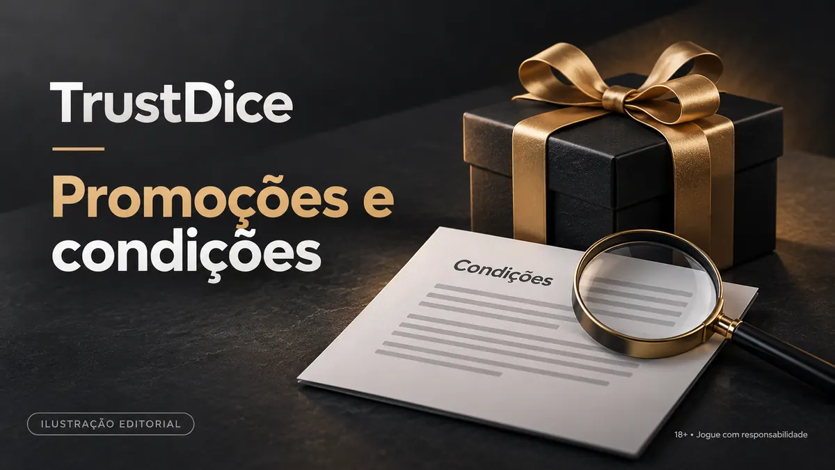 Promoções e condições em TrustDice: confira o rollover e a aposta máxima. Ilustração editorial.