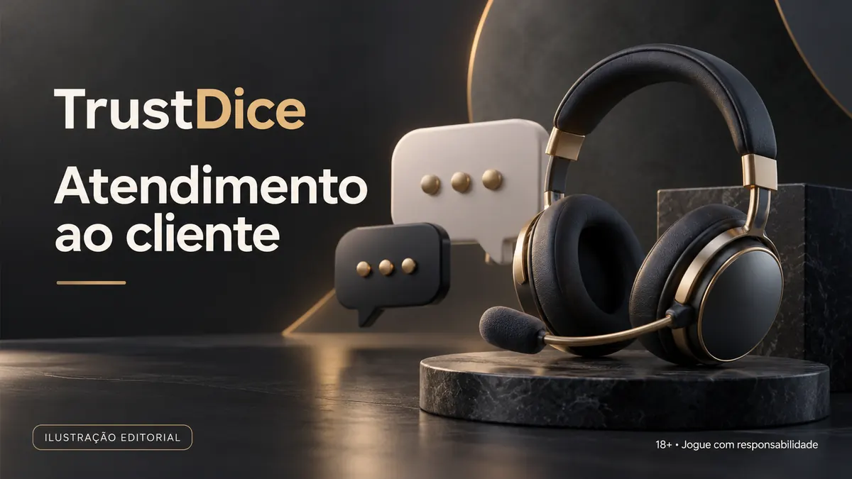 Atendimento ao cliente de TrustDice: chat e e-mail; confira horários e idioma. Ilustração editorial.