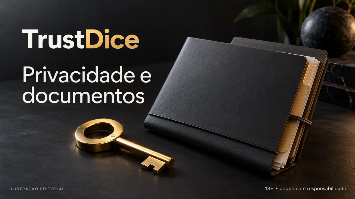 Privacidade e documentos em TrustDice: verificação de identidade antes do primeiro saque. Ilustração editorial.