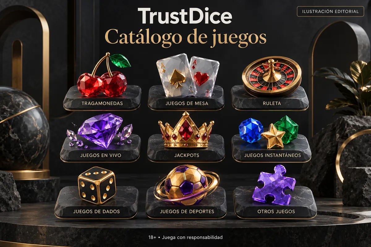 Catálogo de juegos de TrustDice: tragamonedas, mesas y casino en vivo. Ilustración editorial.