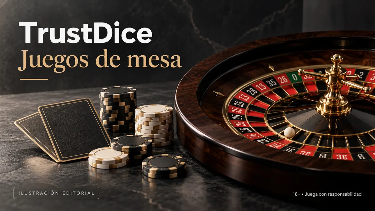Juegos de mesa en TrustDice: ruleta, blackjack y bacará. Ilustración editorial.