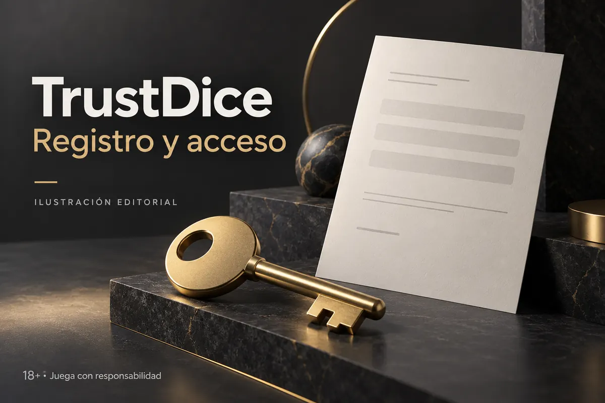 Registro y acceso en TrustDice: datos reales y verificación de la cuenta. Ilustración editorial.