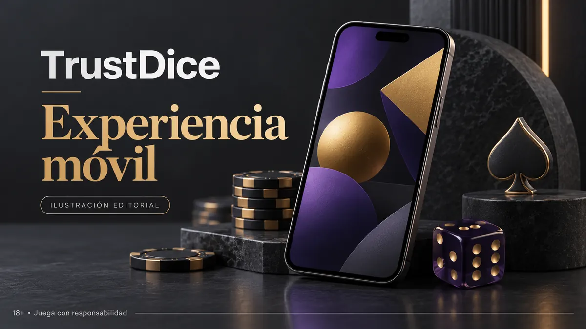 TrustDice en el celular: funciona desde el navegador, la app es opcional. Ilustración editorial.