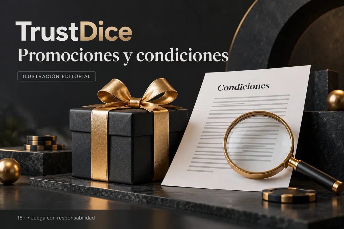 Promociones y condiciones en TrustDice: revisa el rollover y la apuesta máxima. Ilustración editorial.