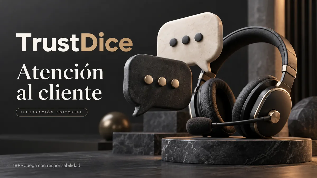 Atención al cliente de TrustDice: chat y correo; comprueba horarios e idioma. Ilustración editorial.