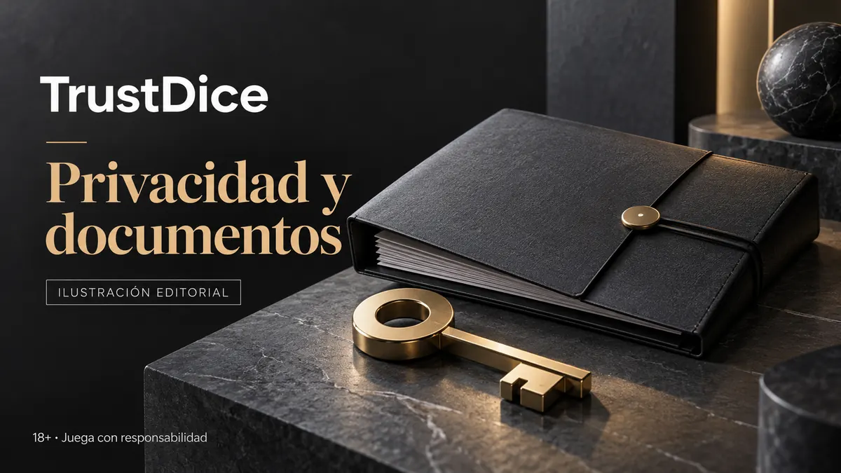 Privacidad y documentos en TrustDice: verificación de identidad antes del primer retiro. Ilustración editorial.