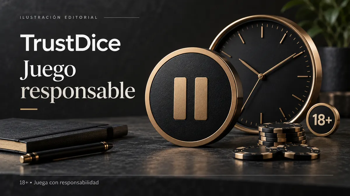 Juego responsable en TrustDice: límites de depósito, pausas y autoexclusión. Ilustración editorial.
