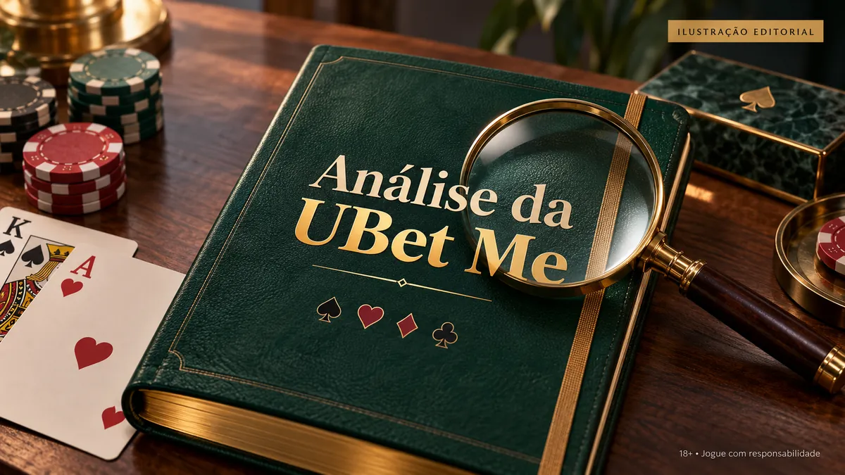 Livro verde com o título 'Análise da UBet Me' sob uma lupa, com cartas ao lado