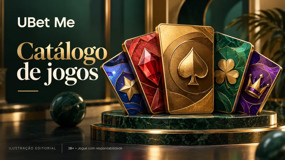 Cinco cartas estilizadas com naipes e símbolos sobre um pedestal de mármore