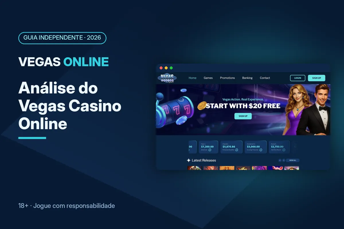 Capa 'Análise do Vegas Casino Online' com a página inicial de vegascasinoonline.eu