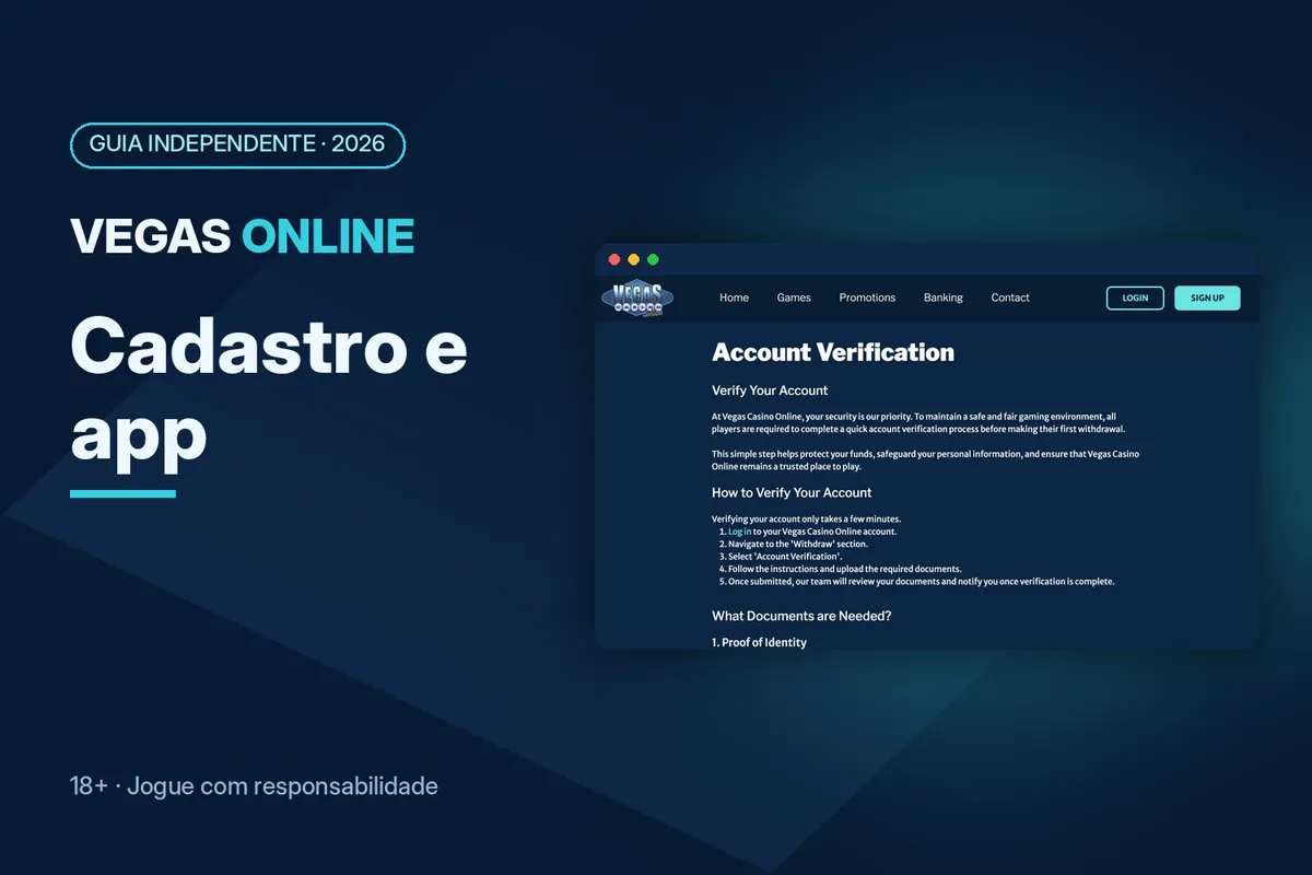 Capa 'Cadastro e app' com a página de verificação de conta de vegascasinoonline.eu