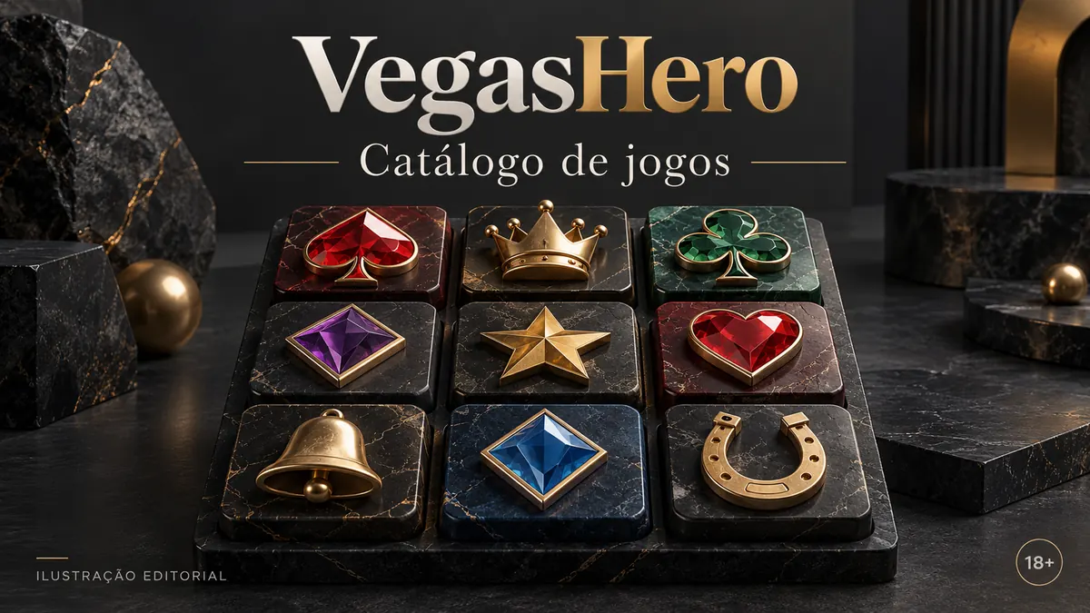 Catálogo de jogos de Vegas Hero: slots, mesas e cassino ao vivo. Ilustração editorial.