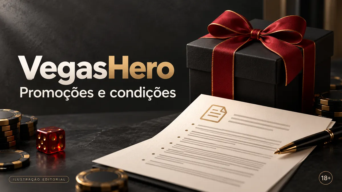 Promoções e condições em Vegas Hero: confira o rollover e a aposta máxima. Ilustração editorial.