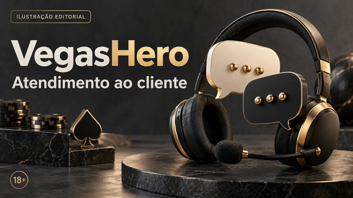 Atendimento ao cliente de Vegas Hero: chat e e-mail; confira horários e idioma. Ilustração editorial.