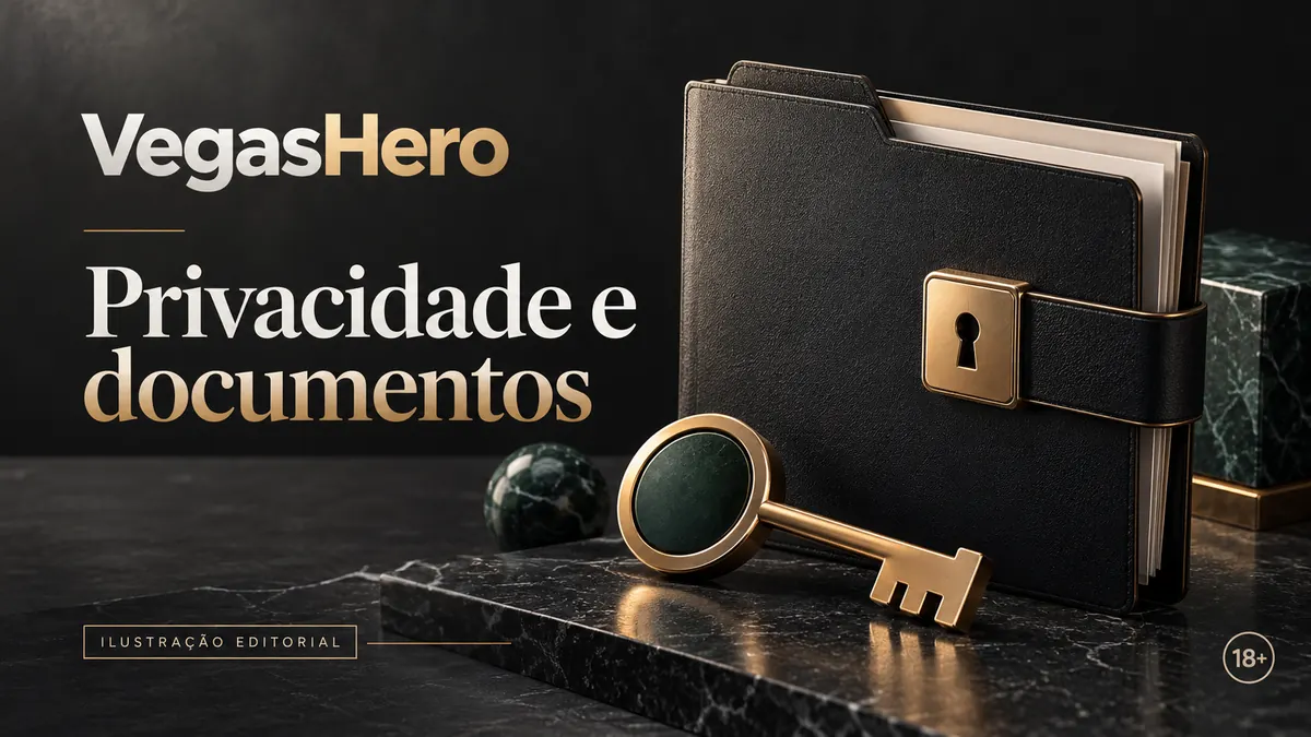 Privacidade e documentos em Vegas Hero: verificação de identidade antes do primeiro saque. Ilustração editorial.