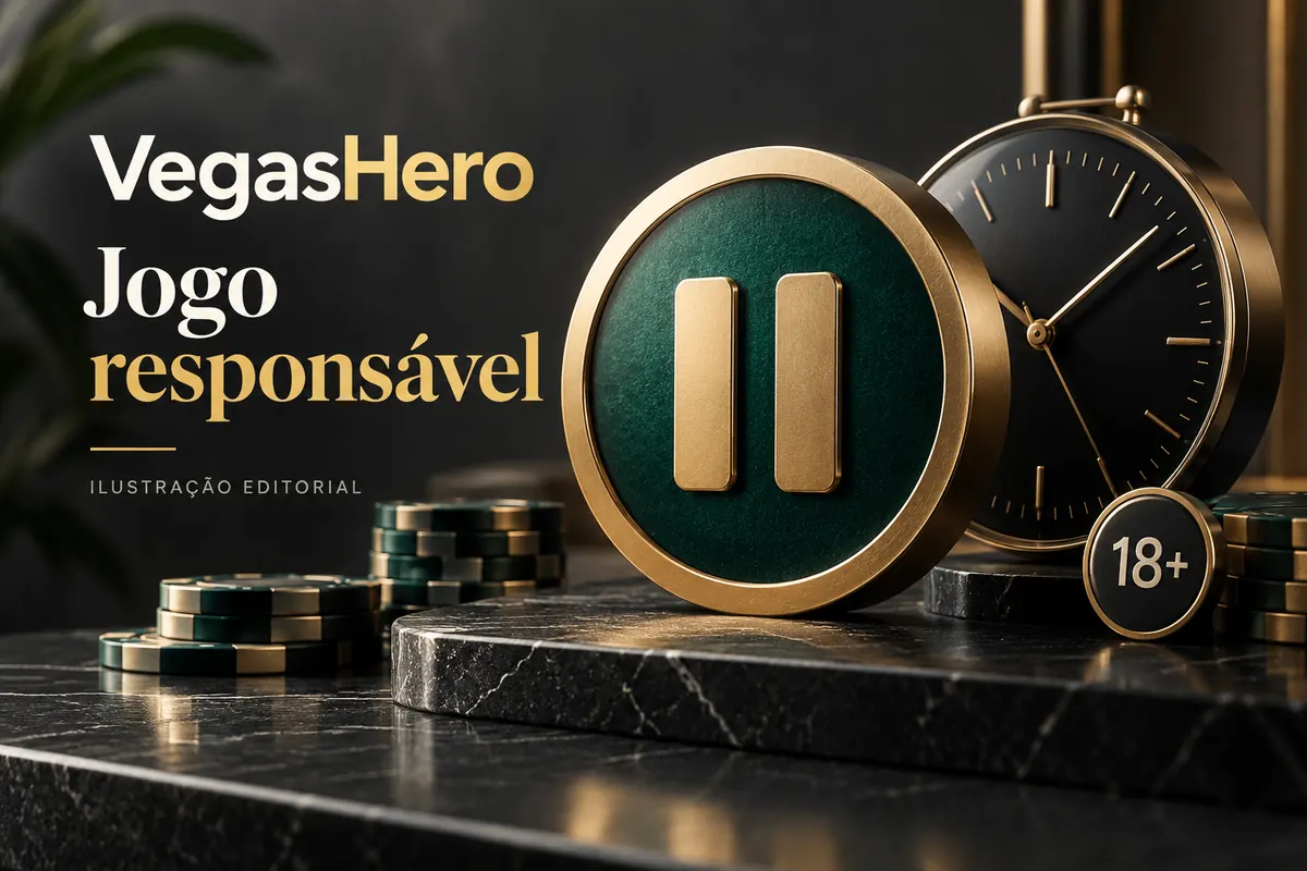 Jogo responsável em Vegas Hero: limites de depósito, pausas e autoexclusão. Ilustração editorial.