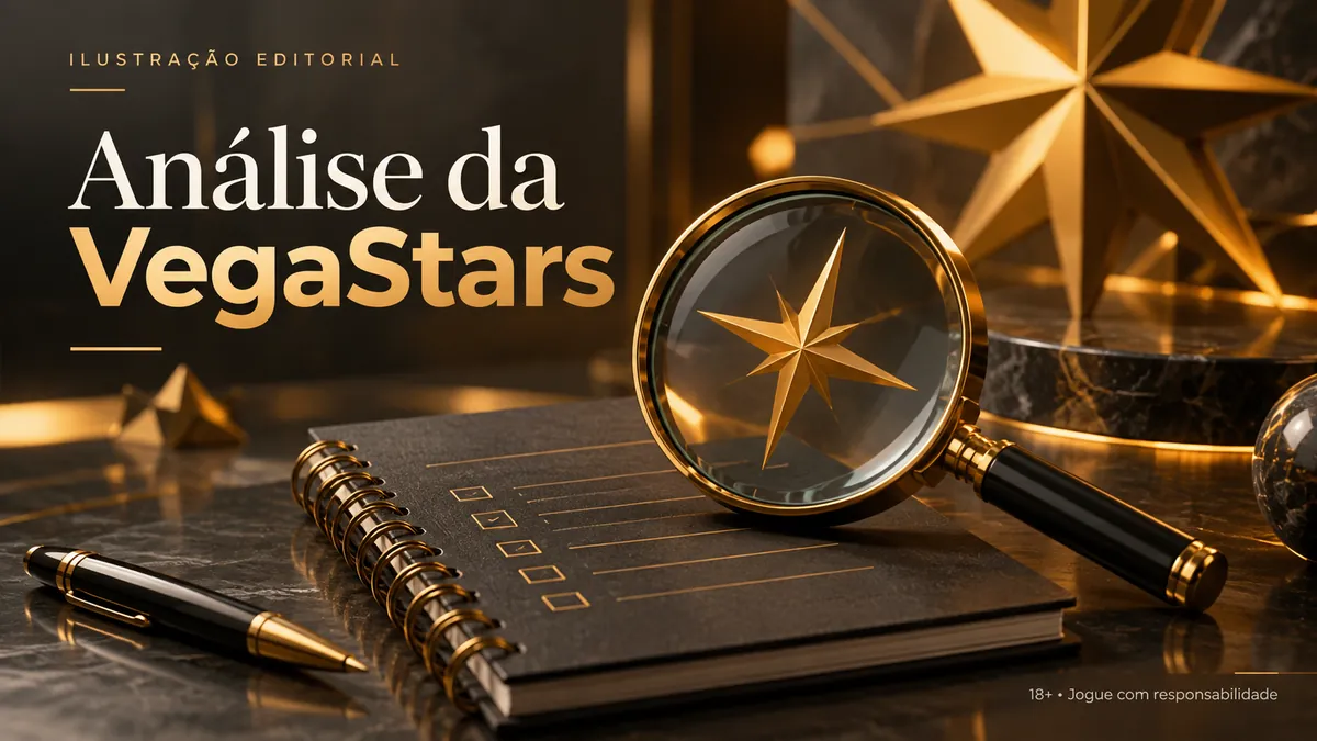 Ilustração com lupa dourada sobre caderno, título 'Análise da VegaStars'