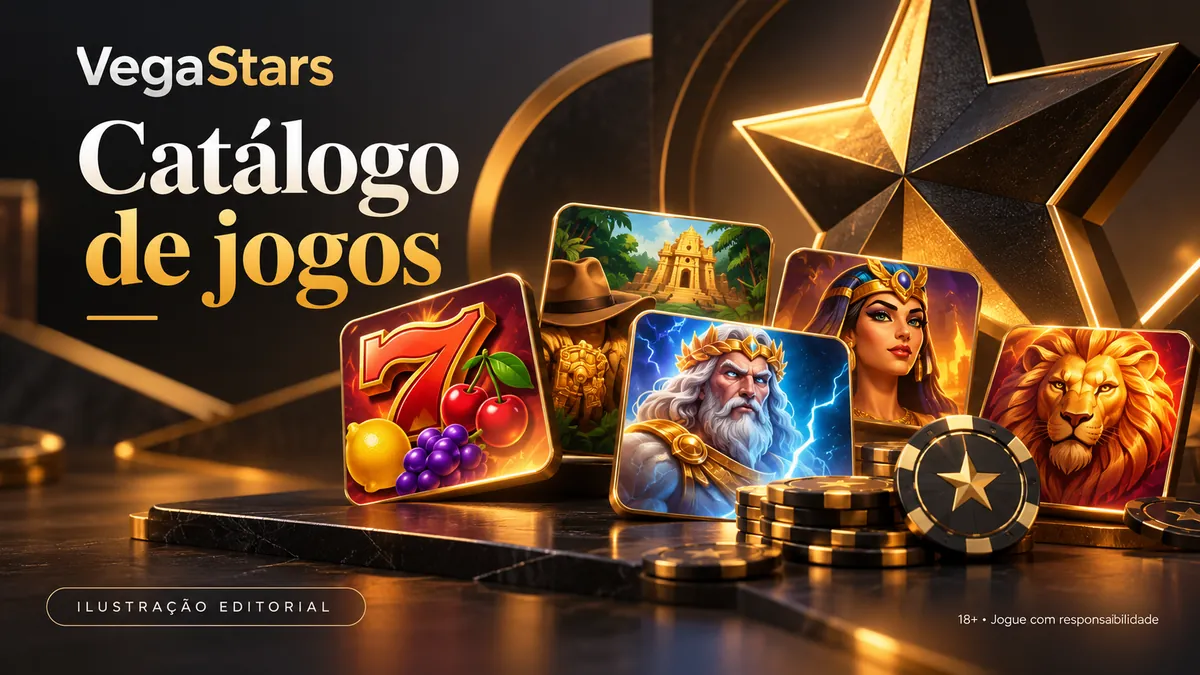 Ilustração de cartas de slots com frutas, aventureiro, deus e leão