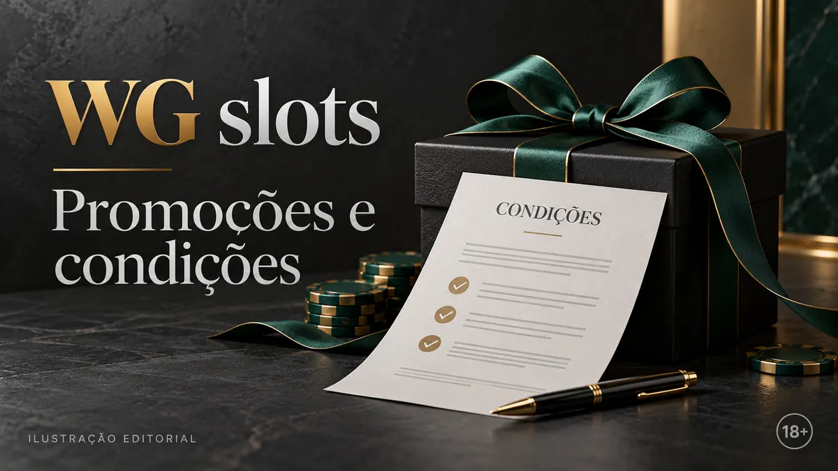 Promoções e condições em WG Slots: confira o rollover e a aposta máxima. Ilustração editorial.