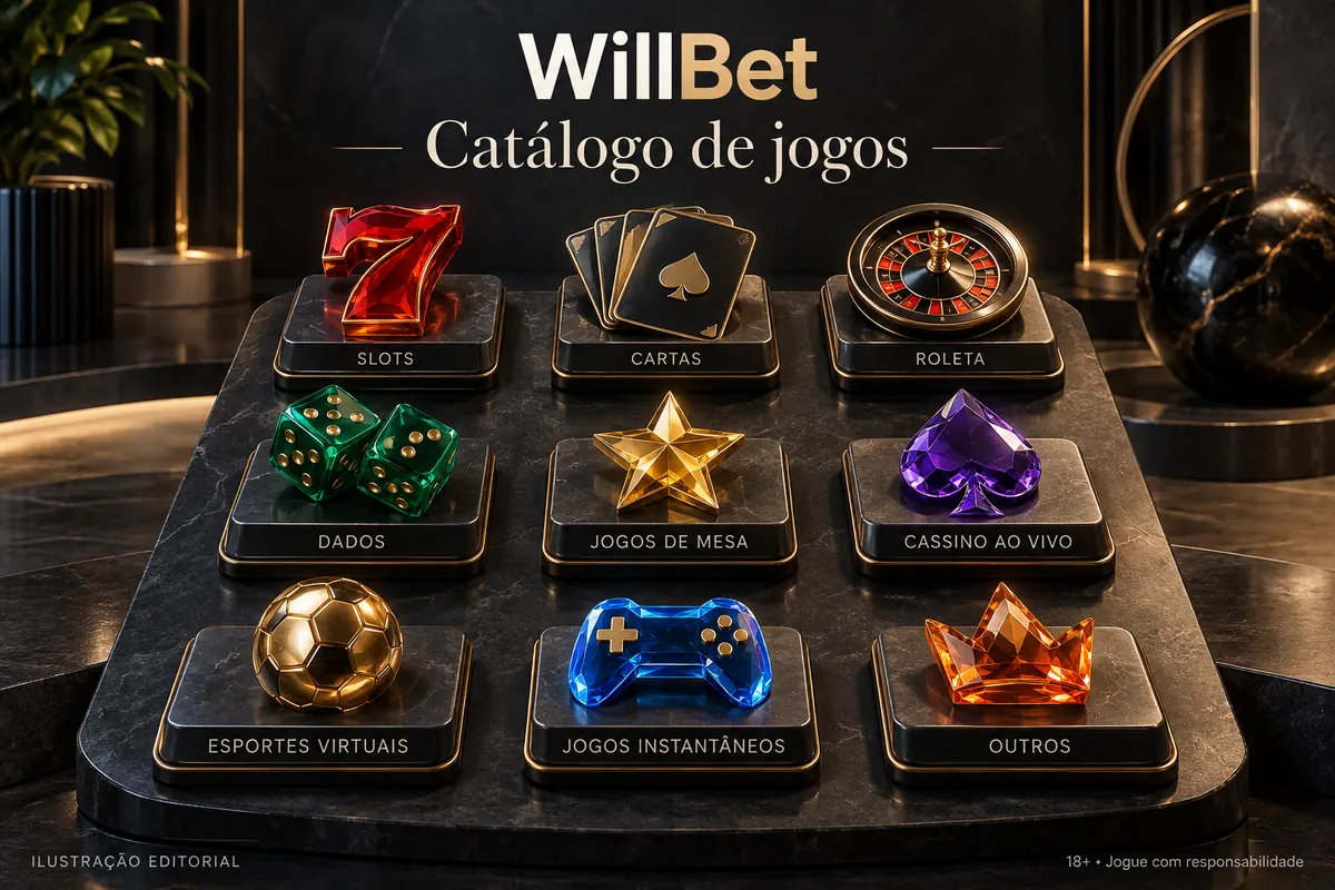 Catálogo de jogos de WillBet: slots, mesas e cassino ao vivo. Ilustração editorial.