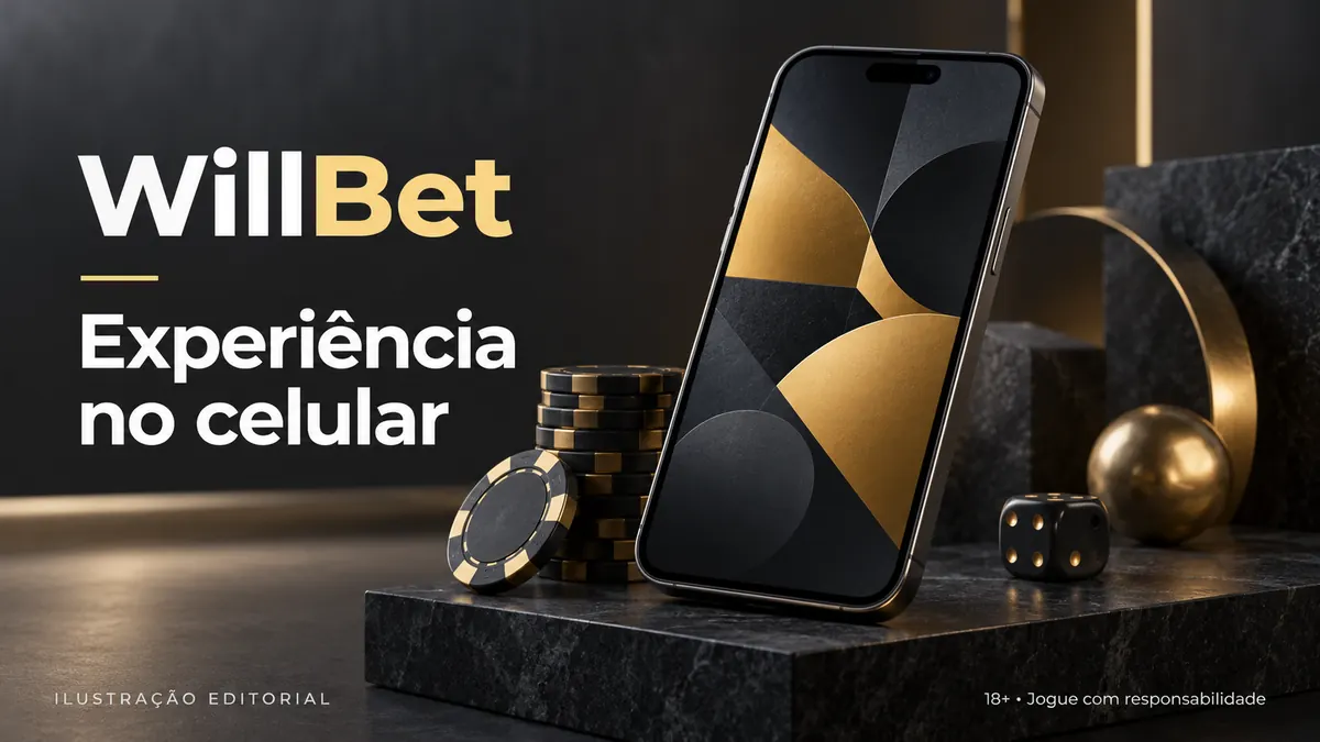 WillBet no celular: funciona pelo navegador, o app é opcional. Ilustração editorial.