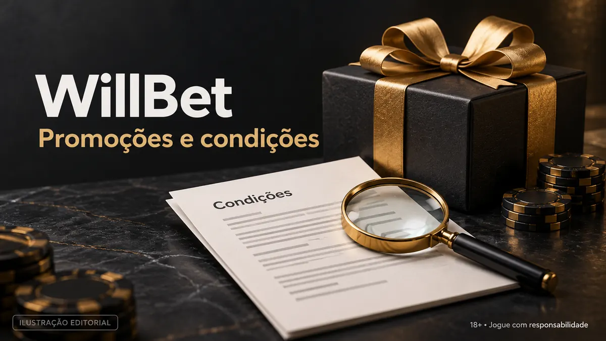 Promoções e condições em WillBet: confira o rollover e a aposta máxima. Ilustração editorial.