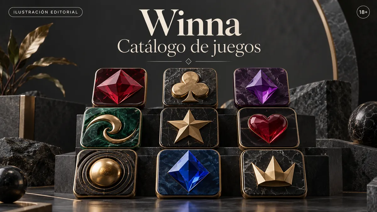 Catálogo de juegos de Winna: tragamonedas, mesas y casino en vivo. Ilustración editorial.