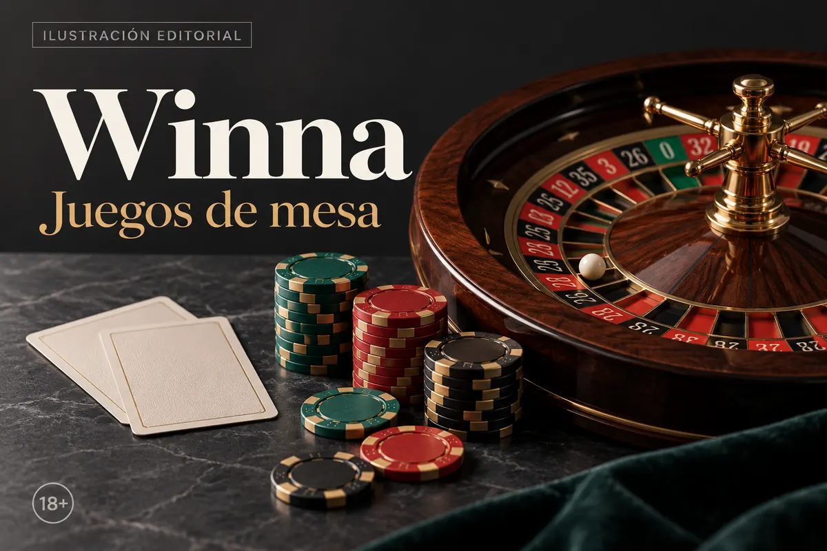 Juegos de mesa en Winna: ruleta, blackjack y bacará. Ilustración editorial.